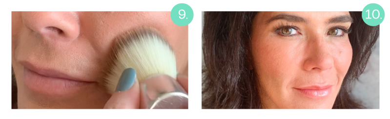  Step Nine: We like to set this makeup look with our Bio Brightening Powder, which has a soft, translucent hue that creates the subtlest highlight on facial angles. So pretty outdoors in the fall sun or indoors in the candlelight of a dinner party! Step Ten: We’re back to our beloved Nudist Multi-Use Cream stick to finish the look. Take the same shade, Nude Peach, and dab it onto the lips for a flushed tone and then apply our Bio Extreme Lipgloss in the shade “Afterglow” for a soft, peachy pout. Renee’s got that Autumn glow!